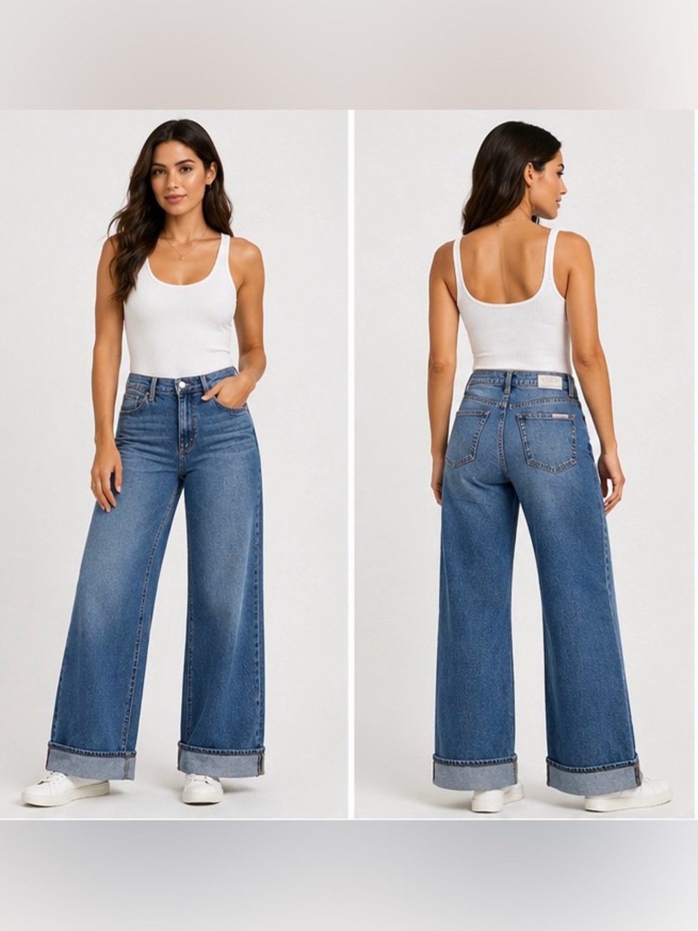 Hudson Jeans Wide Leg Cuffed Jeans in Light Blue Denim - Picture 2 of 14